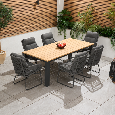 Bracken Outdoors Colorado Rope 6 Seat Rectangular Aluminium Teak Garden Dining Set, Early May 2025