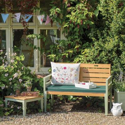 Two Seat Garden Bench with Cushions in Sage Green and Teak Look