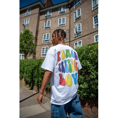Short Sleeved T-shirt in White with Peace, Love and Freedom