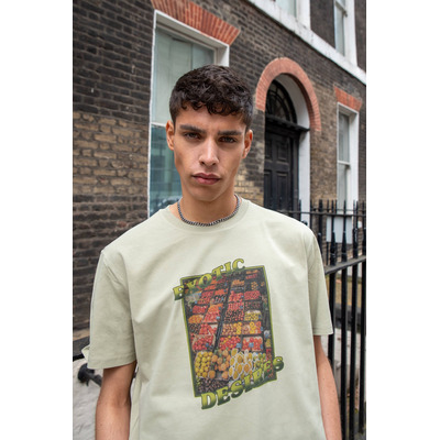 Short Sleeved T-shirt in Sage Green With Exotic Desires Print