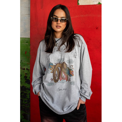 Long Sleeved T-shirt in Heather Grey With Chinese Dragon Print