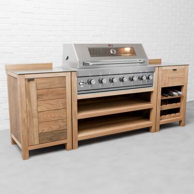 Draco Grills Teak 6 Burner Outdoor Kitchen with Modular Single Cupboard and Wine Cabinet, Mid June 2025 / Without Side Panels