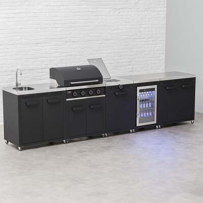 Draco Grills Titan 4 Burner Black Outdoor Kitchen Gas Barbecue with Side Burner, Fridge, Double Cupboard and Sink, Mid June 2025