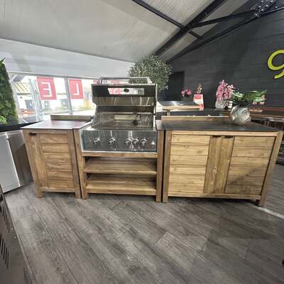 Ex Display Draco Grills Teak 6 Burner Outdoor Kitchen with Modular Single Fridge, Corner Unit and Single Cabinets