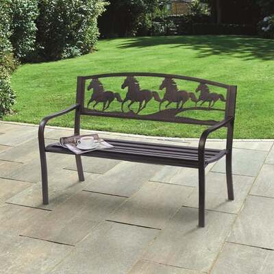 Metal Garden Bench Wild Horses in Bronze Effect