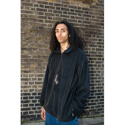 1/4 Zip Black Fleece with Rainbow Futuristic Embroidery