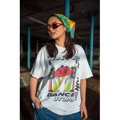 Short Sleeved T-shirt in White with Mushroom Dance Utopia Print