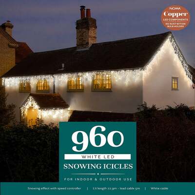 Noma Christmas 144, 240, 360, 480, 720, 960 White Snowing Icicle LED Lights with White Cable, 960 Bulbs