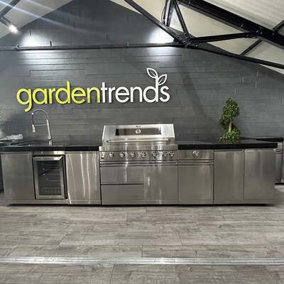 Ex Display Draco Grills 6 Burner Stainless Steel Outdoor Kitchen with Sear Station, Sink and Fridge Unit, Double Door Unit and Single Door Unit