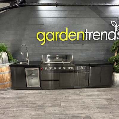 Ex Display Draco Grills 4 Burner Black Stainless Steel Outdoor Kitchen with Sink Unit  and Single Cupboard