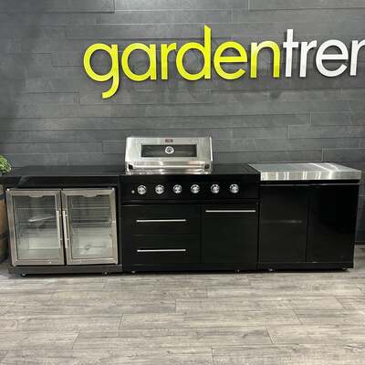 Ex Display Draco Grills Fusion 6 Burner Black Outdoor Kitchen with Side Burner and Double Cupboard