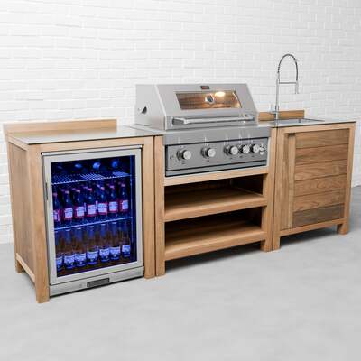 Draco Grills Teak 4 Burner Outdoor Kitchen with Modular Sink and Single Fridge, Mid June 2025 / Without Side Panels