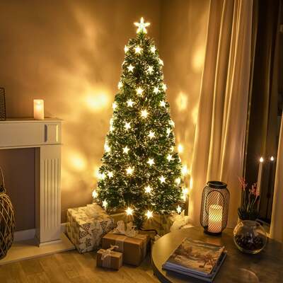 2ft - 6ft Green Fibre Optic Christmas Tree with Warm White Fibre Optics, LED Lights and Stars, 6FT