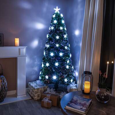 Green Fibre Optic Christmas Tree 2ft - 6ft with Multi Coloured Fibre Optics, White LED Lights and Snowflakes, 4FT