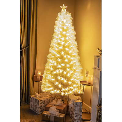 White Fibre Optic Christmas Tree with Feathery Warm White Fibre Optic Lights 2ft - 7ft, 7FT