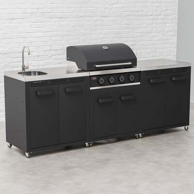 Draco Grills Titan 4 Burner Black Outdoor Kitchen Gas Barbecue with Double Cupboard and Sink, Mid June 2025