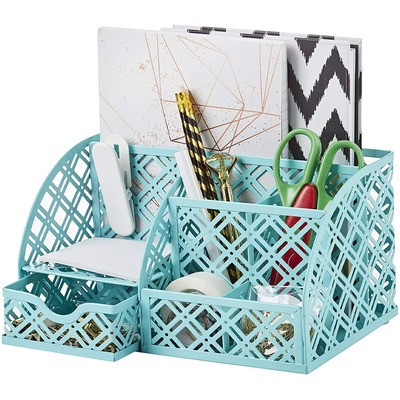 EXERZ Desk Organiser with 7 Compartments -Mesh Desk Tidy Caddy - Turquoise