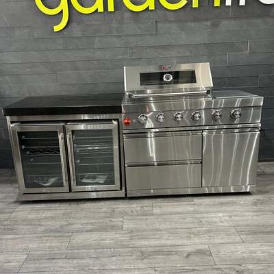 Ex Display Draco Grills 4 Burner Stainless Steel Outdoor Kitchen with Single Fridge and Large Sink with Glass Washer