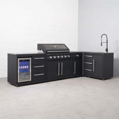 Draco Grills Fusion 6 Burner Black Outdoor Kitchen with Modular Side Burner, Single Fridge, Sink, 90 Degree Corner, End of May 2025