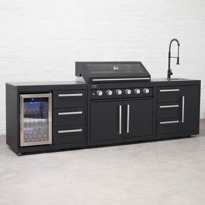 Draco Grills Fusion 6 Burner Black Outdoor Kitchen with Modular Single Fridge and Sink, End of May 2025