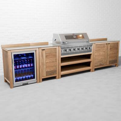 Draco Grills Teak 6 Burner Outdoor Kitchen with Modular Single & Double Cupboards and Single Fridge, Mid June 2025 / Without Side Panels