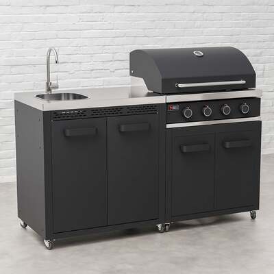 Draco Grills Titan 4 Burner Black Outdoor Kitchen Gas Barbecue with Sink Cabinet, End of April 2025