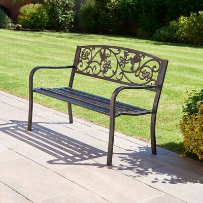Cast Iron Outdoor Garden Bench Hummingbird in Rustic Bronze Finish