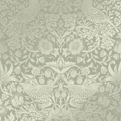 William Morris At Home Strawberry Thief Fibrous Wallpaper Sage Green 124237