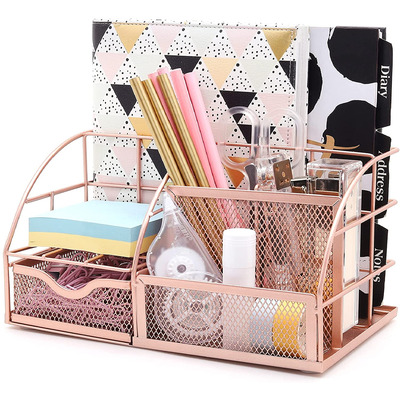 EXERZ Desk Organiser with 7 Compartments -Mesh Desk Tidy Caddy - Rose Gold