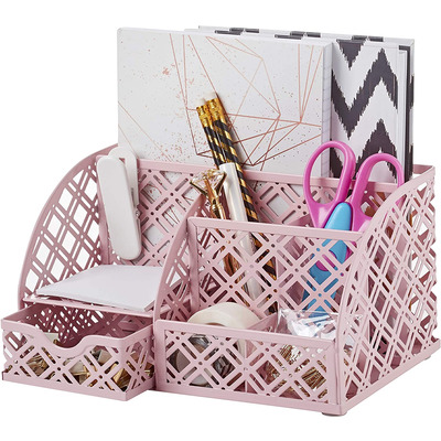 EXERZ Desk Organiser with 7 Compartments -Mesh Desk Tidy Caddy  - Light Pink