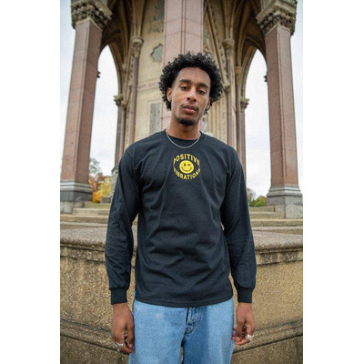 Long Sleeved T-Shirt in Black With 90s Rave Smiley Embroidery