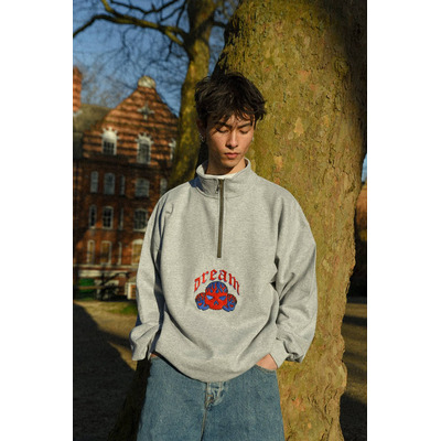 1/4 Zip Sweatshirt in Heather Grey Flaming Skull Embroidery