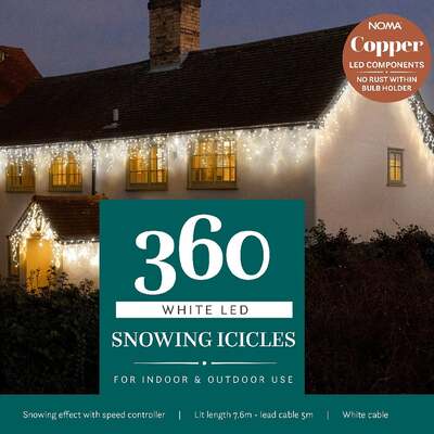 Noma Christmas 144, 240, 360, 480, 720, 960 White Snowing Icicle LED Lights with White Cable, 360 Bulbs