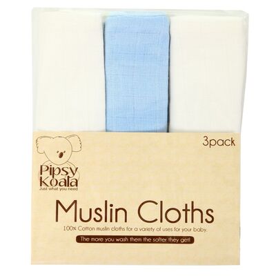 Pipsy Koala Muslin Cloths 3 Pack (Colour: Blue)