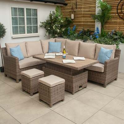 Kettler Palma Signature Corner Right Hand Oyster Sofa Set with High Low Slat Top Table
