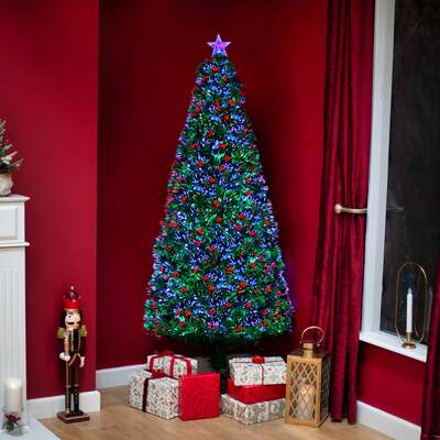 Green Fibre Optic Christmas Tree 2ft - 7ft with Multi Coloured Fibre Optic Lights and Red Berries, 3FT