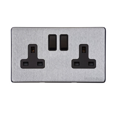 M Marcus Electrical Vintage Double 13 AMP Switched Socket, Satin Chrome With Black Switch - X03.150.BK SATIN CHROME