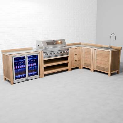 Draco Grills Teak 6 Burner Outdoor Kitchen with Modular Double Fridge, Corner Cabinet, Sink, Mid June 2025 / Without Side Panels
