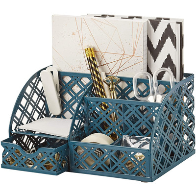 EXERZ Desk Organiser with 7 Compartments -Mesh Desk Tidy Caddy - Aegean Blue