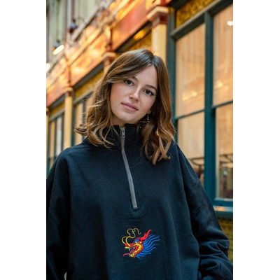 1-4 Zip Sweatshirt in Black With Chinese Dragon Embroidery
