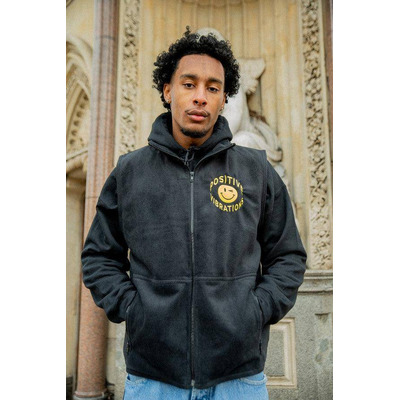 Black Fleece Gilet With 90s Rave Smiley Embroidery