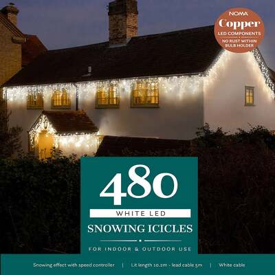 Noma Christmas 144, 240, 360, 480, 720, 960 White Snowing Icicle LED Lights with White Cable, 480 Bulbs