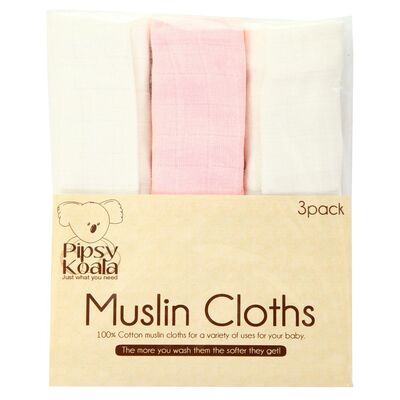Pipsy Koala Muslin Cloths 3 Pack (Colour: Pink)