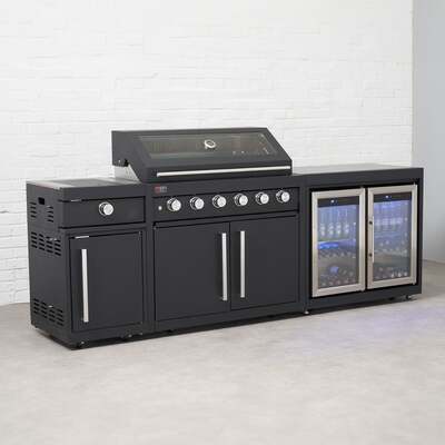 Draco Grills Fusion 6 Burner Black Outdoor Kitchen with Modular Side Burner and Double Fridge, End of May 2025
