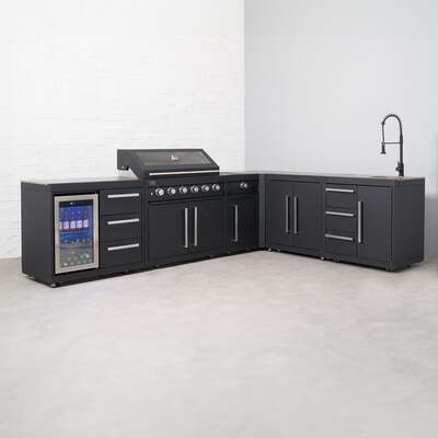 Draco Grills Fusion 6 Burner Black Outdoor Kitchen with Modular Side Burner, 90 Degree Corner, Single Fridge, Sink, Double Cupboard, Mid June 2025