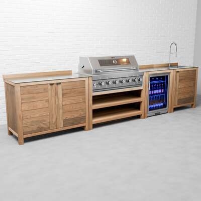 Draco Grills Teak 6 Burner Outdoor Kitchen with Modular Double Cupboard, Single Fridge and Sink, Mid June 2025 / Without Side Panels