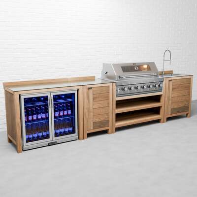 Draco Grills Teak 6 Burner Outdoor Kitchen with Modular Double Fridge, Single Cupboard, Sink, Mid June 2025 / Without Side Panels