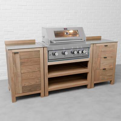 Draco Grills Teak 4 Burner Outdoor Kitchen with Modular Single Cupboard and Triple Drawer Unit, Mid June 2025 / Without Side Panels