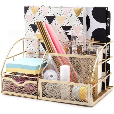 EXERZ Desk Organiser with 7 Compartments -Mesh Desk Tidy Caddy  - Golden