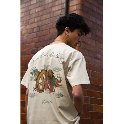 Short Sleeved T-shirt in Sand With Chinese Dragon Print